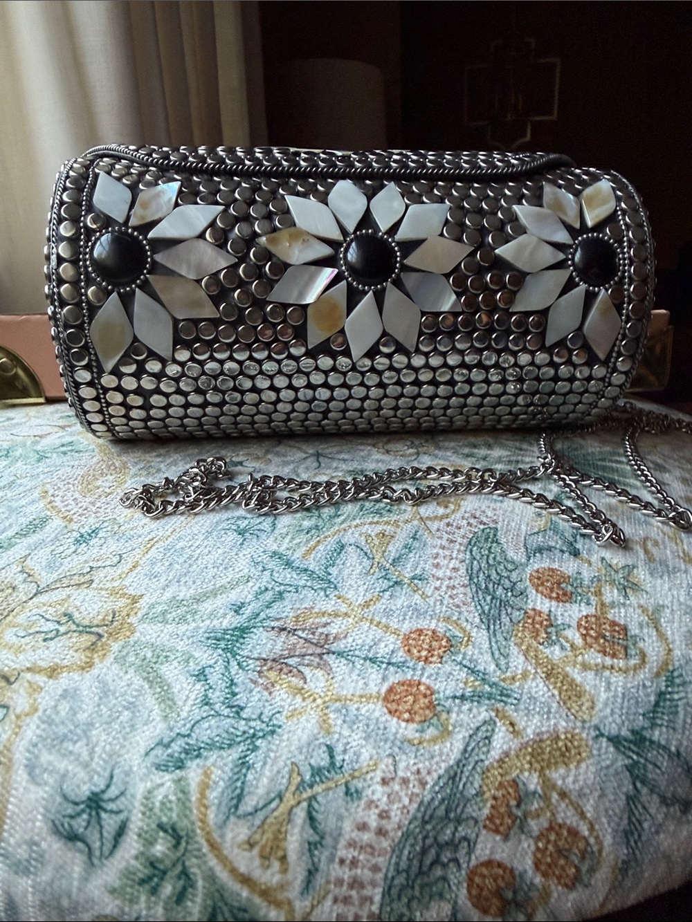 Antik Kraft Silver Floral Embellished Cylinder Crossbody